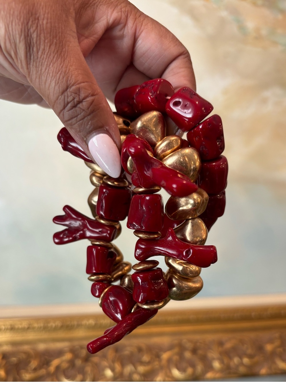 ZARA - Red Coral & Gold Bead Stretch (Resin) Bracelets (3 stack)
